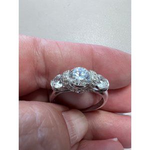 NWOT 3 Stone Sterling Silver Ring, Cubic Zirconia, Size 10, crystal